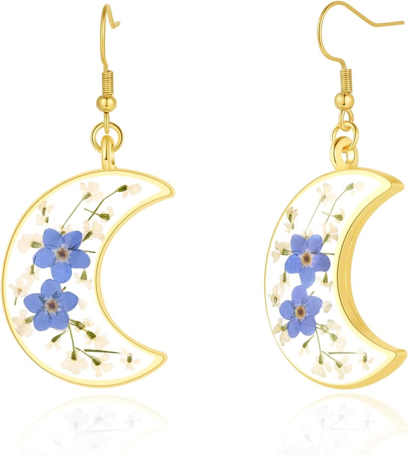 AUNTESIGN Store Forget-Me-Not and Queen Anne's Lace Pressed Wildflower Earrings | Pressed Flower Earrings | Handmade Drop and Dangle Earrings | Gift for Woman - Image 1